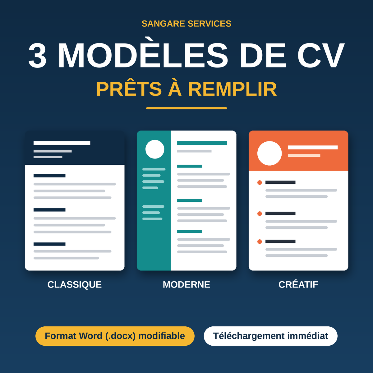3 Modèles de CV Prêts à Remplir — Classique, Moderne, Créatif (Word)